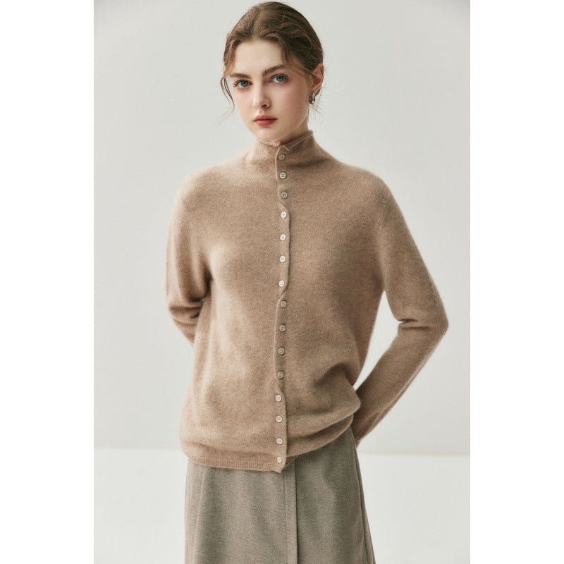 Reversible Cashmere Cardigan Women High Neck Knitted Sweater