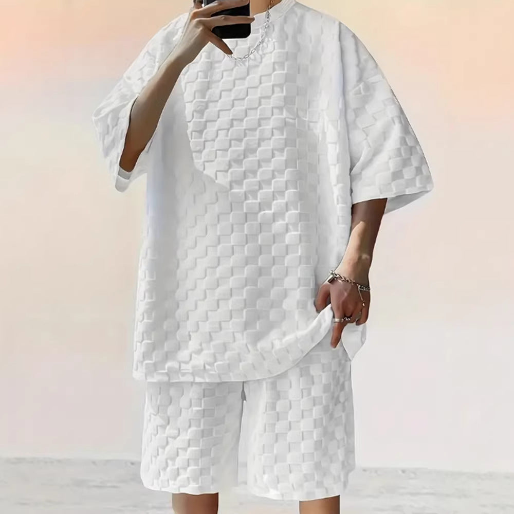 Men's Jacquard Plaid Casual T-Shirt and Shorts Set