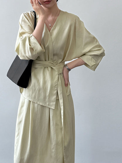 Linnen blouse met ceintuur en rokset voor dames