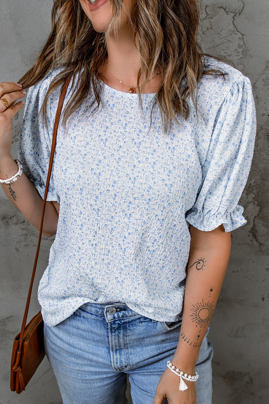 Blouse met bloemenprint open rug en gesmokte pofmouwen