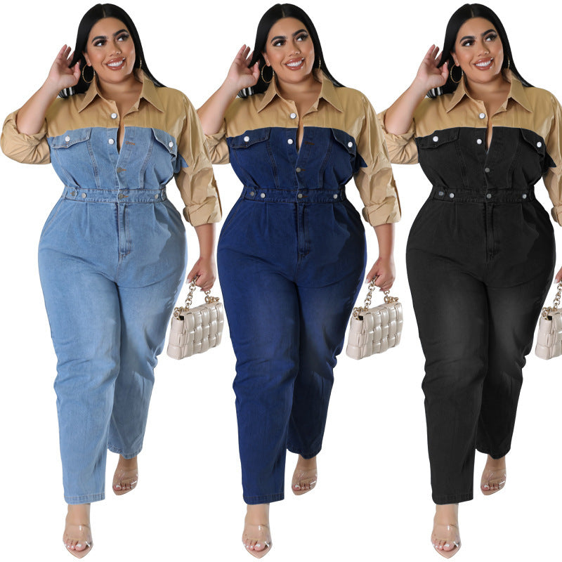 Plus Size Dames Colorblock Denim Jumpsuit