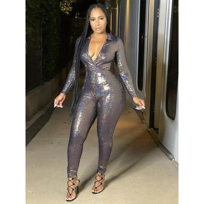 Chic Sequin V Neck Jumpsuit Durable Stretchy&