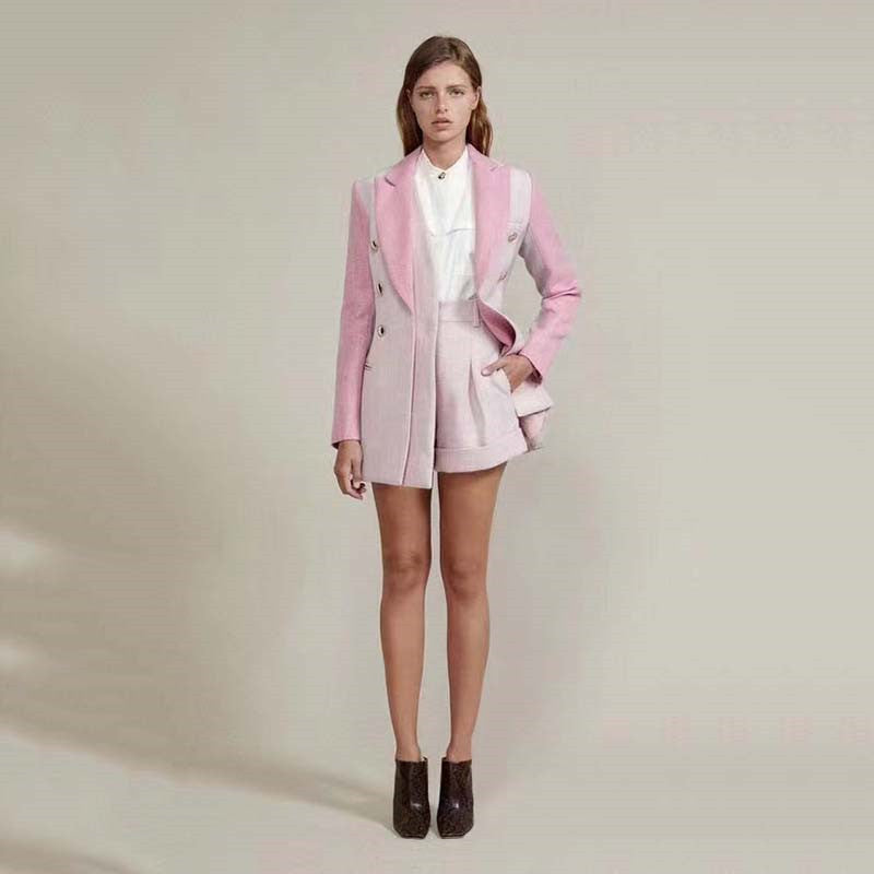 Diepe V-hals Dubbelrijs Blazer En Shorts Tweedelig Pak