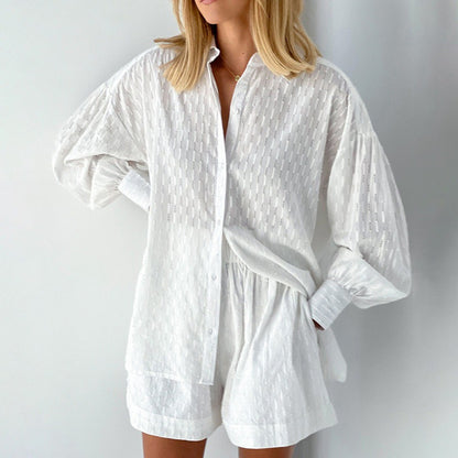 Dames jacquard blouse met lange pofmouwen en bijpassende shorts