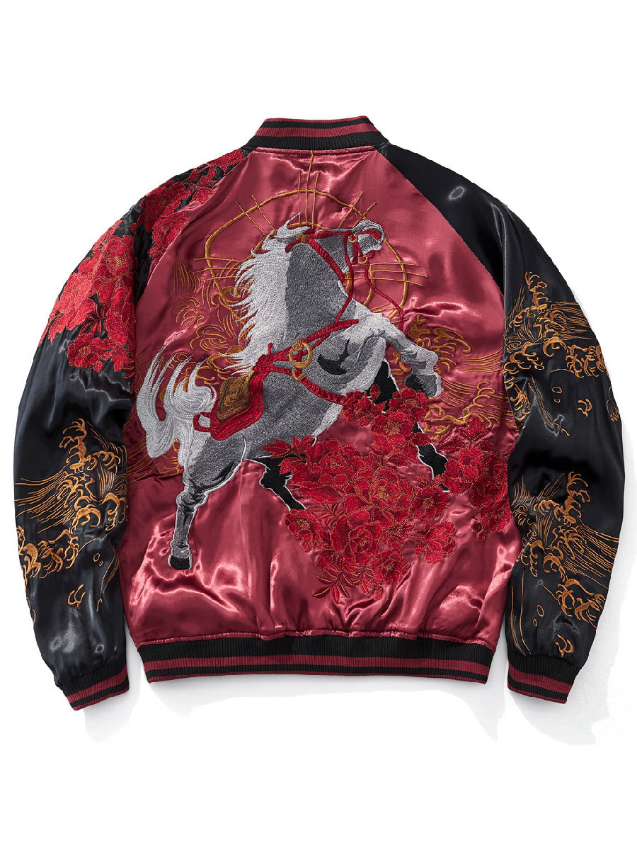 Chinese-style embroidery can be applied to reversible baseball jackets
