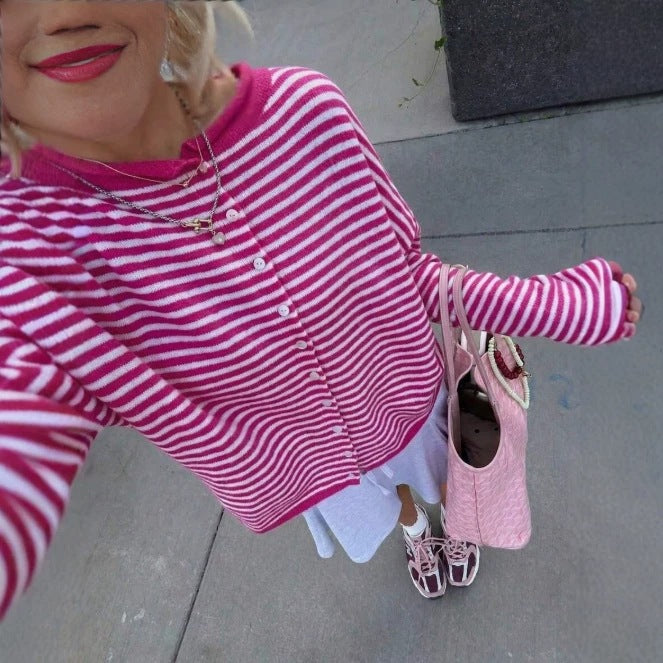 Women's Striped Knit Button-Front Long Sleeve Cardigan