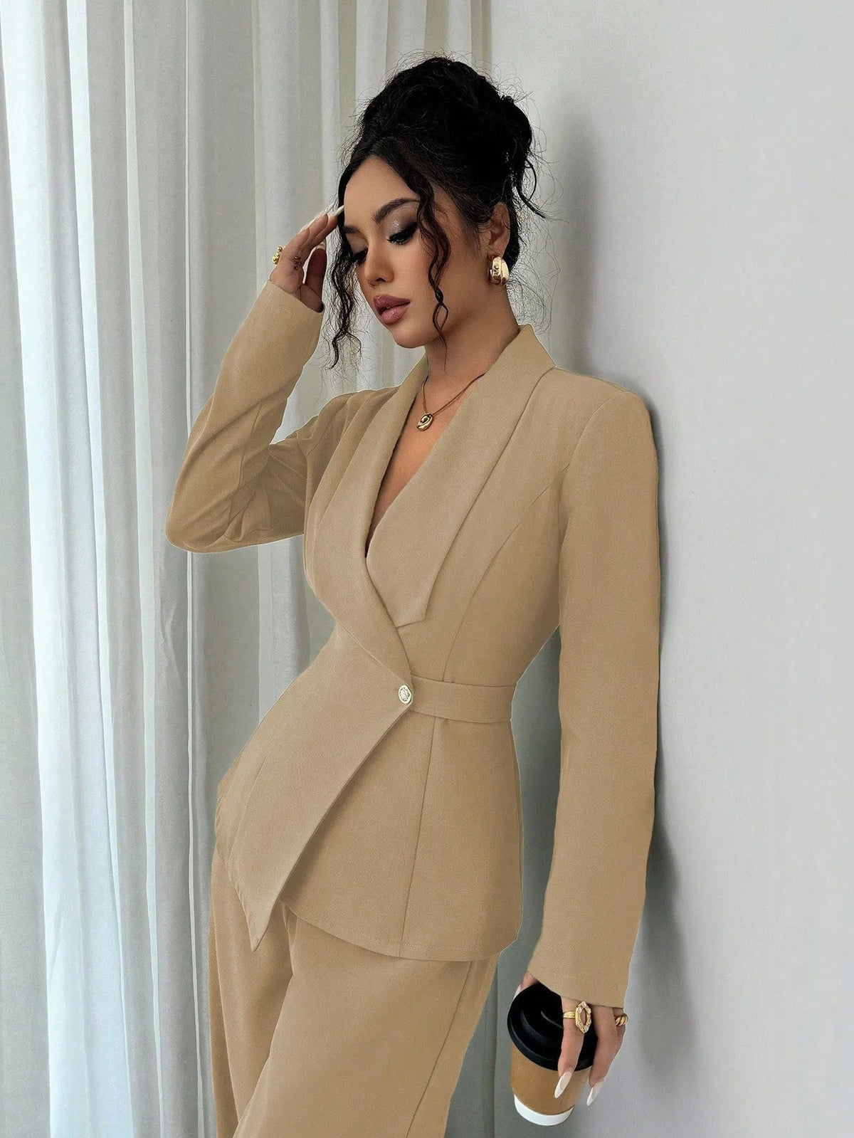 Women's V Neck Long Suit Jacket Wide Leg Pants Two Piece Set