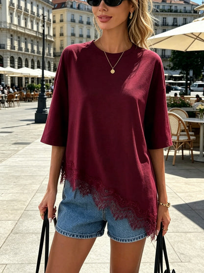 Dames T-shirt met ronde hals en kanten afwerking