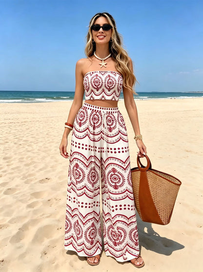 Print Tube Top and Wide Leg Pants