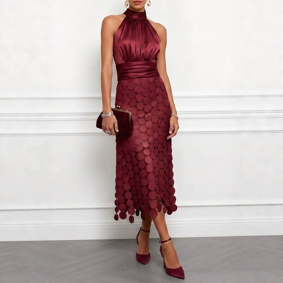 Mouwloze midi-jurk met hoge hals en patchwork