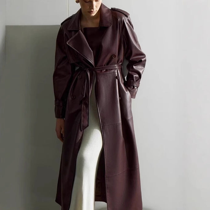 Deep Red Waist-Cinching Belted Suit Collar Long Slim-Fit Leather Coat Trench Coat Jacket