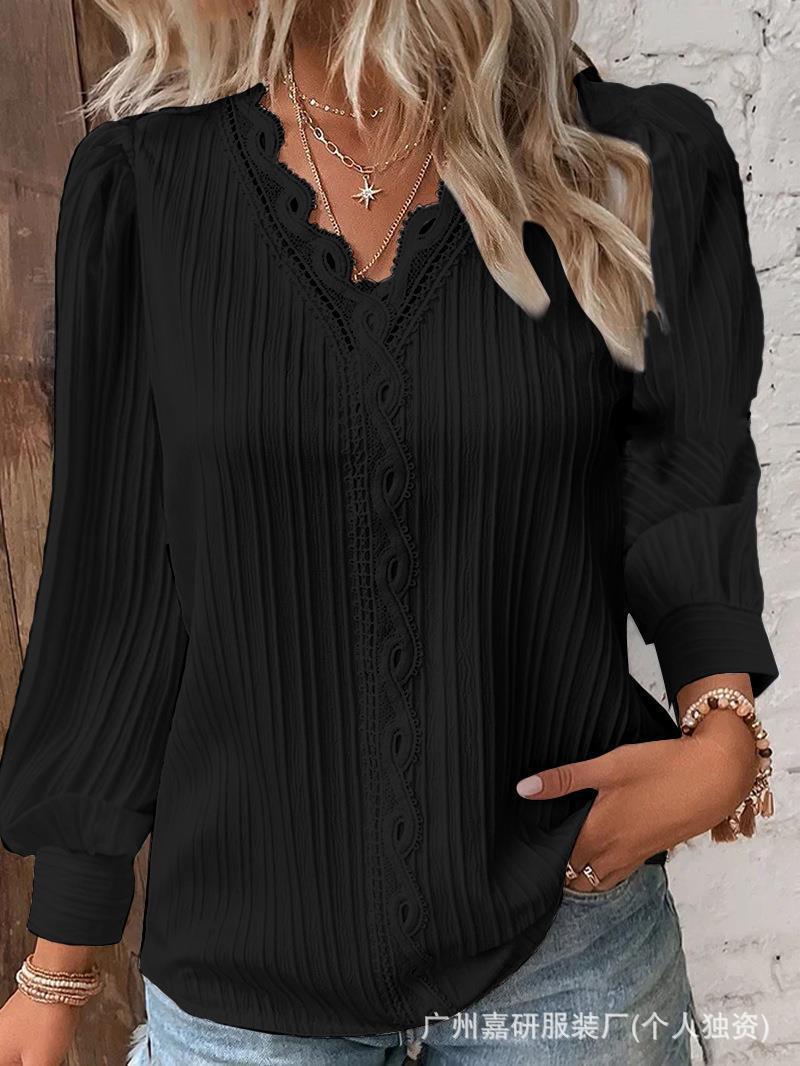 2025 Cross-Border Hot Selling Amazon Autum Long-Sleeved V Neck Lace Splicing Shirt Women's Shirt Women's Clothing Ready Supply