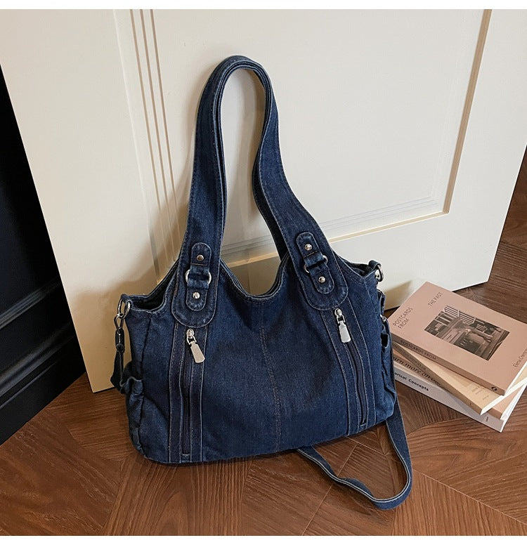 Retro denim large capacity zipper tote bag