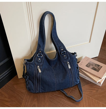 Retro denim large capacity zipper tote bag