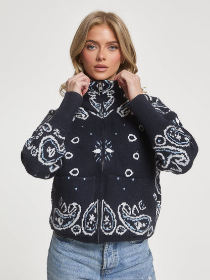 Retro Paisley Print Knitted Cardigan