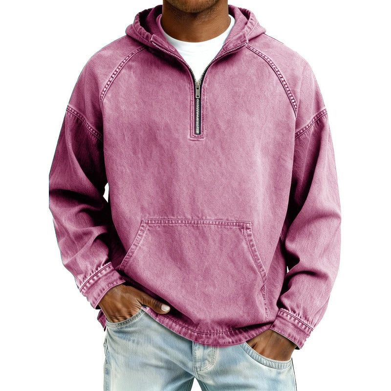 Mens Retro Half Zip Hooded Sweatshirt