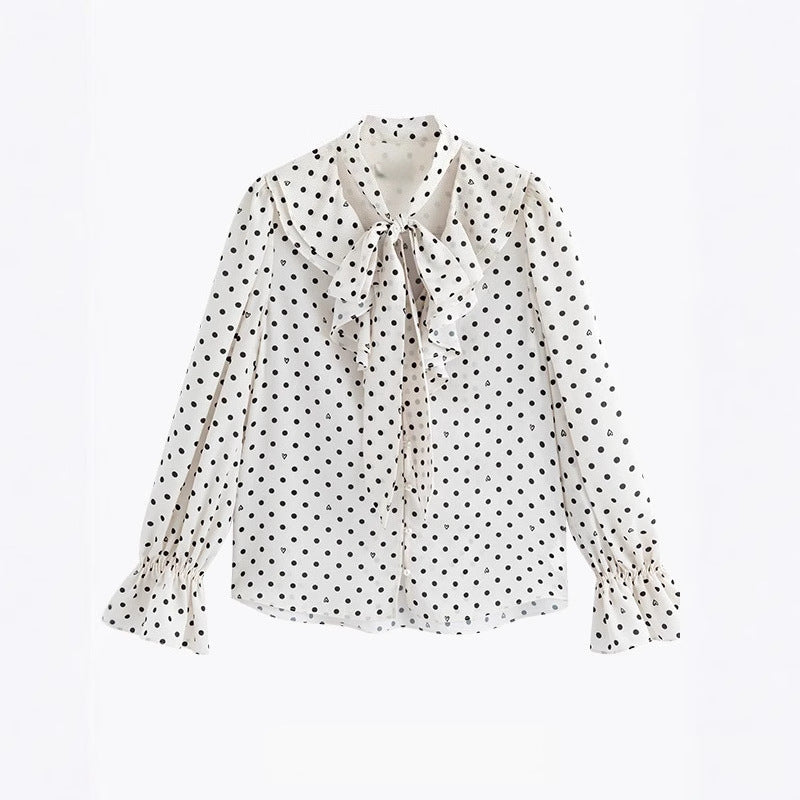 Elegante satijnen blouse met lange mouwen strik ruches en ronde-harten stippen