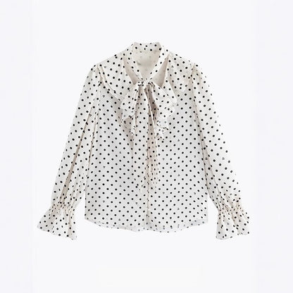 Elegante satijnen blouse met lange mouwen strik ruches en ronde-harten stippen