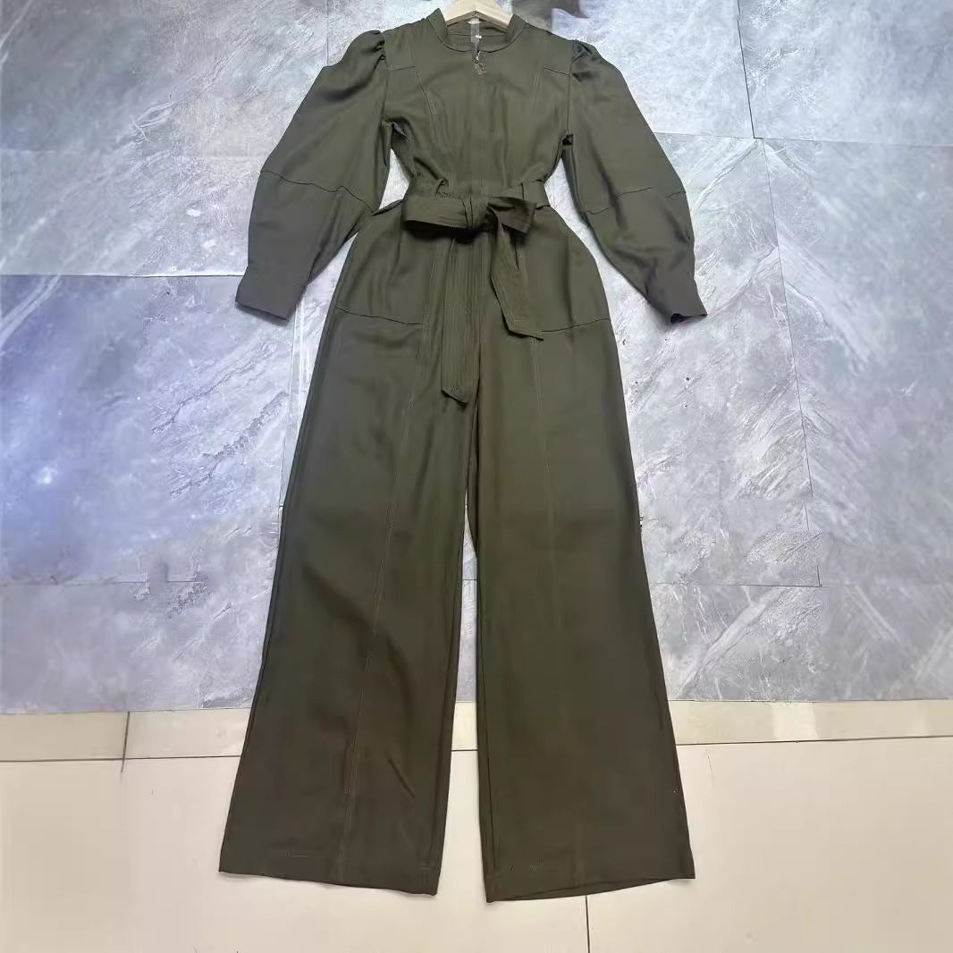European and American vacation style lantern sleeves, long sleeves, zipper ties, wide leg jumpsuit, long pants