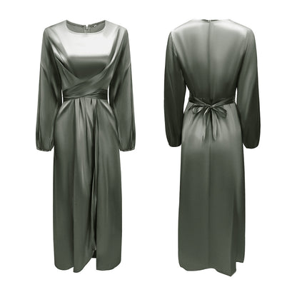 Elegant Satin Tie-Waist Long Dress