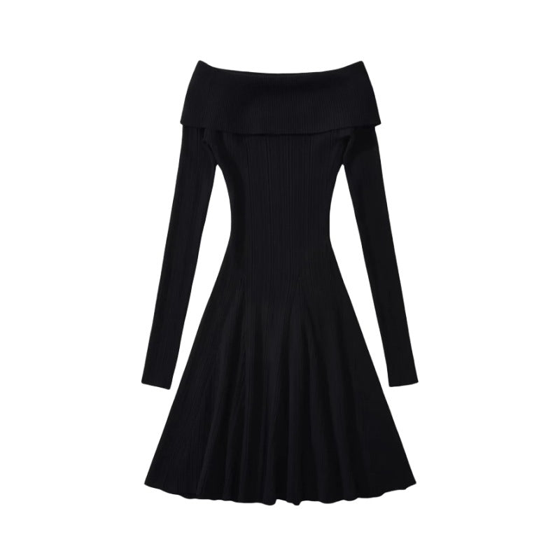 Sexy Off-Shoulder Long Sleeve Knitted Dress Women Pleated Slim Fit Short Skirt