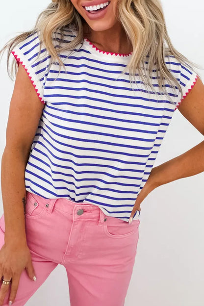 T-shirt met ronde hals en korte mouwen blauwe strepen en contrasterende bies