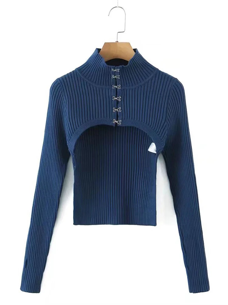 Autumn Winter Fashion Original Design Metal Buckle Knitted Shoulder Sleeve Short Dresses Two-piece Sets Women