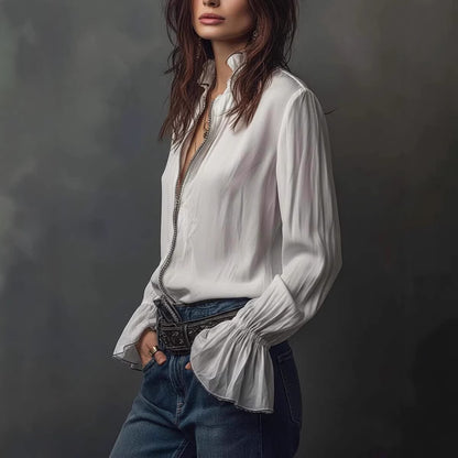 Western Bohemian Ruffle Sleeve Shirt for Women Casual Vacation Style