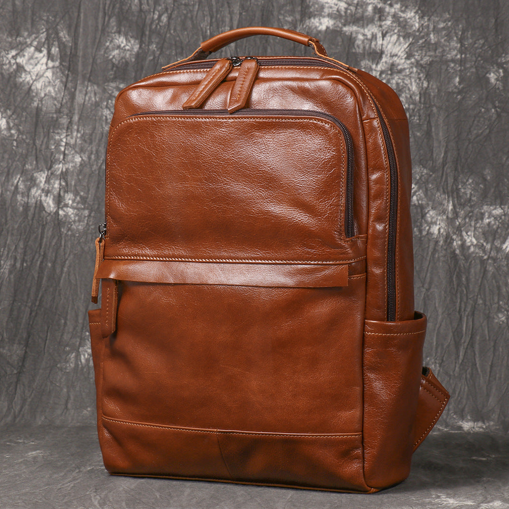 Retro genuine cowhide double-shoulder computer backpack