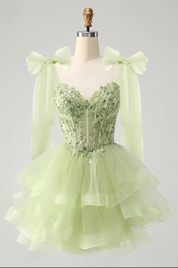 French mint green short evening dress