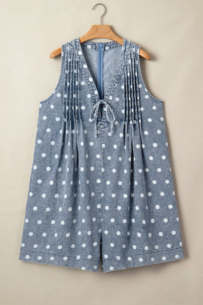 Korte wijde mouwloze jumpsuit van denim met stippenprint strik V-hals en plooien