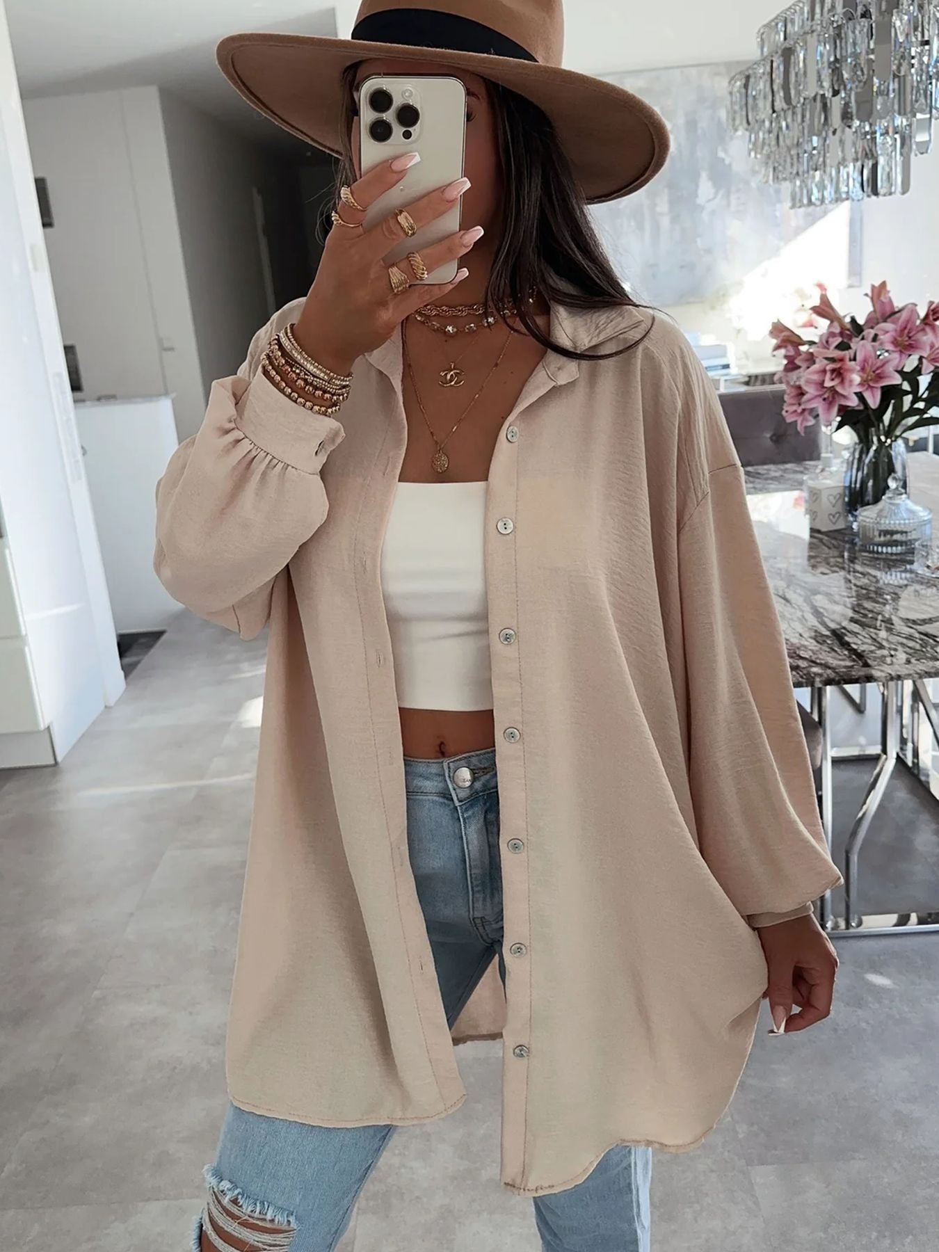 Womens Solid Color Casual Button Shirt