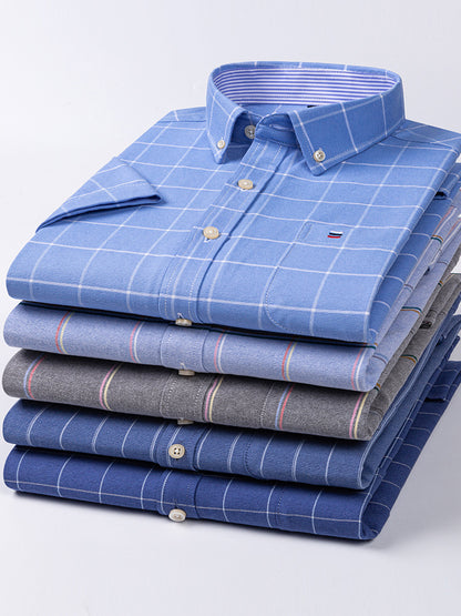 Men's 100% Cotton Plaid Short Sleeve Shirt Oxford Casual Square Collar