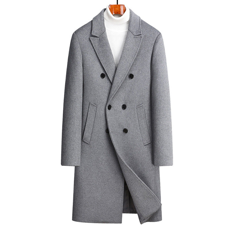 Men Woolen Coat Double Breasted Suit Collar Mid Long Jacket