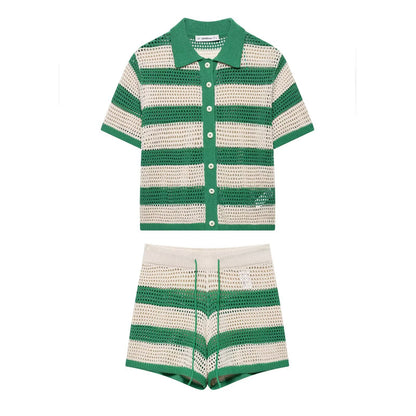 Knitted polo shirt jacket+shorts set