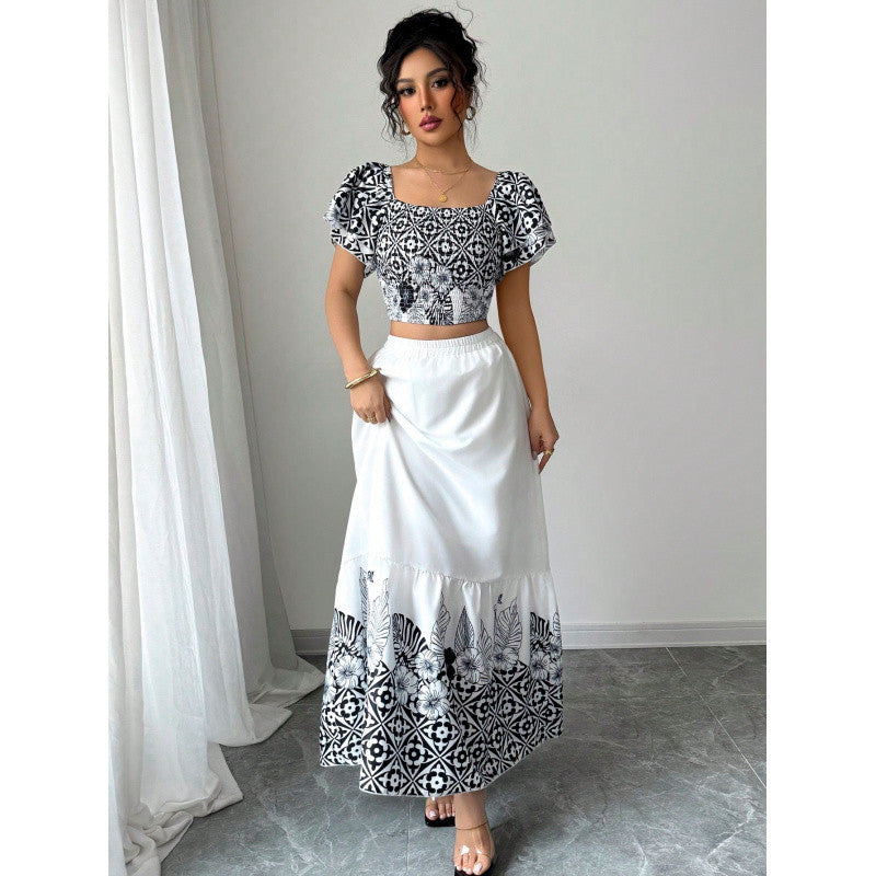 Elegante zomerset met print en A-lijn maxi-rok voor dames