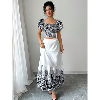 Elegante zomerset met print en A-lijn maxi-rok voor dames