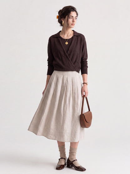 Women's High-Waisted Linen A-Line Pleated Skirt