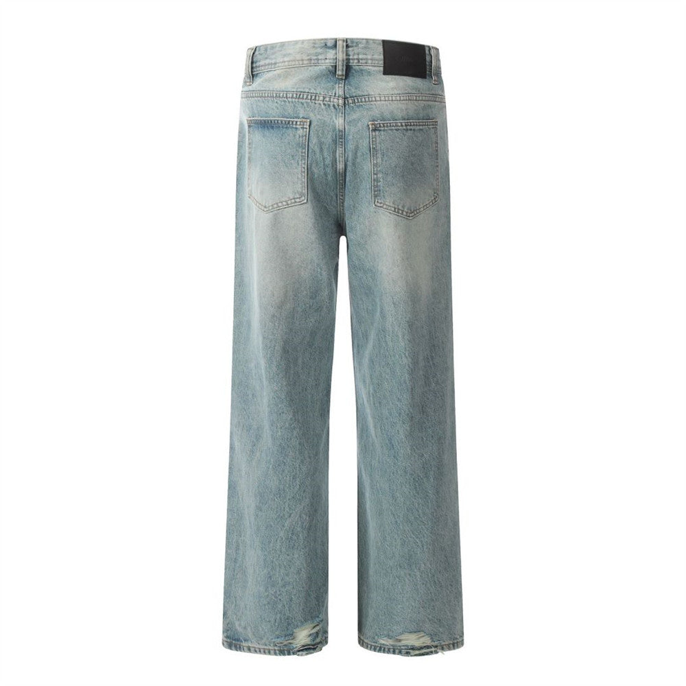 Ripped washed denim straight leg pants