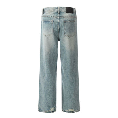 Ripped washed denim straight leg pants