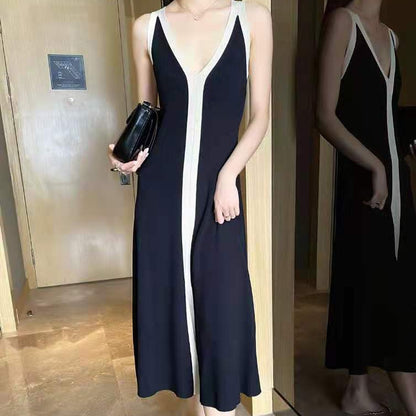 Spring Summer Retro V-neck Long Contrast Knitted Maxi Dresses for Women Luxury Sense Simplicity Korean Style