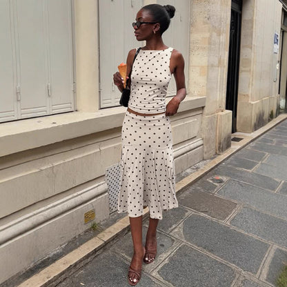 Elegant Polka Dot Sleeveless Short Top Set with Waist-Cinching Bodycon Figure-Flattering Mermaid Long Skirt