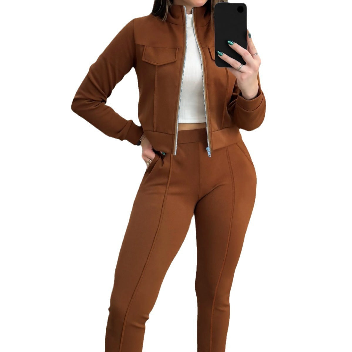 Effen kleur dames casual lange mouwen vest en broek tweedelig set