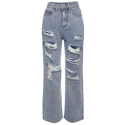 Amerikaanse Street Ripped Jeans Dames Lichte Kleur Hoge Taille