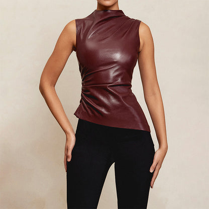 Women's Sleeveless PU Leather Vest Stand Collar Waist-Cinching Irregular Hem Top