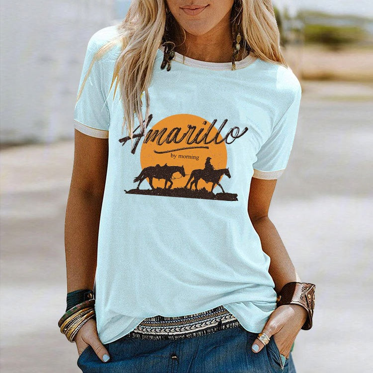 Summer women's amarillo by morning bull head contrasting retro T-shirt short sleeved
