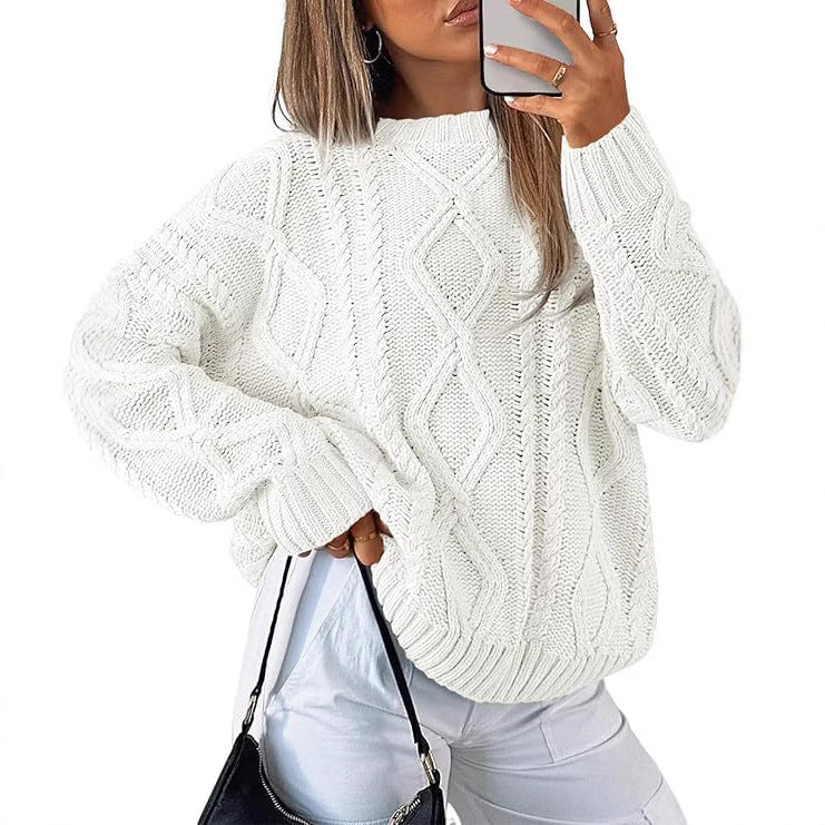 Women Solid Cable Knit Round Neck Pullover Sweater