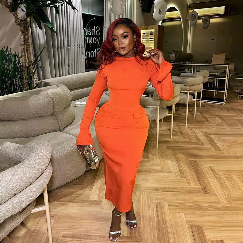 Elegante slanke ronde hals jurk met uitlopende mouwen Amerikaans