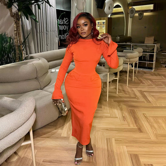 Elegante slanke ronde hals jurk met uitlopende mouwen Amerikaans