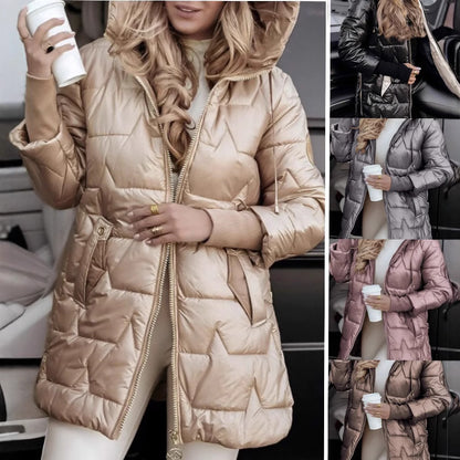 Women Hooded Mid-Length Cotton Jacket Solid Color